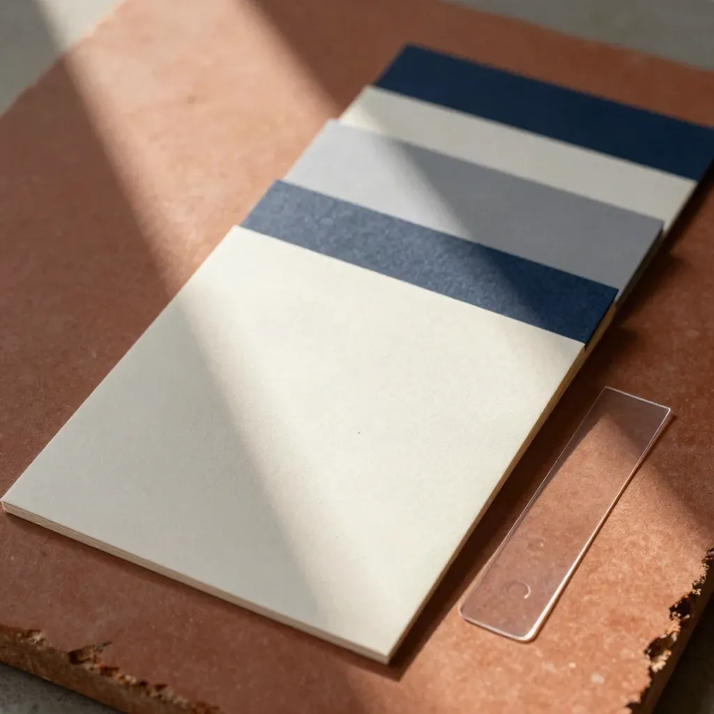 Karten, Clip-Marker und Teststreifen auf terrakottafarbenem Untergrund im Editorial-Look