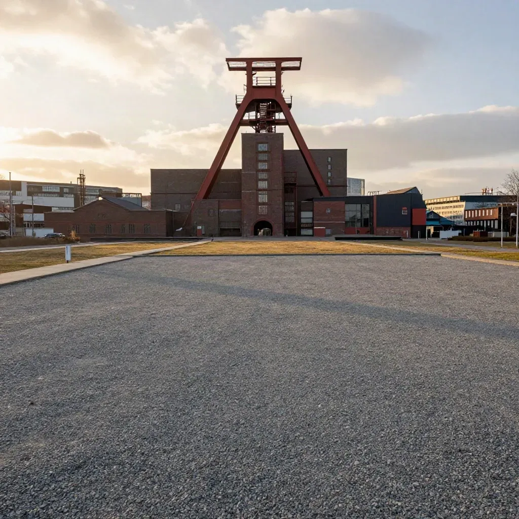 Zeche Zollverein im goldenen Abendlicht über ruhiger, grauer Vordergrundfläche in der Ruhrregion.