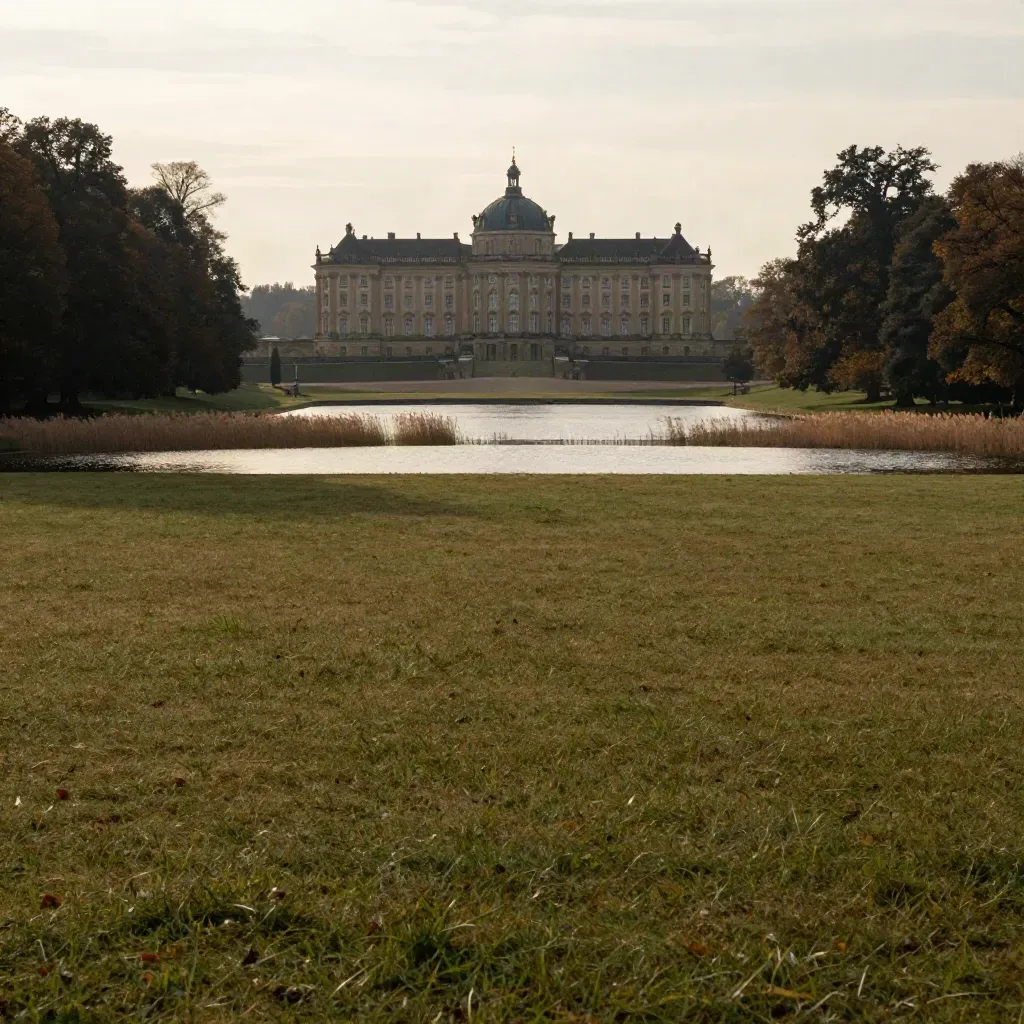 Silhouette von Schloss Sanssouci über stiller Wasserfläche im goldenen Abendlicht.