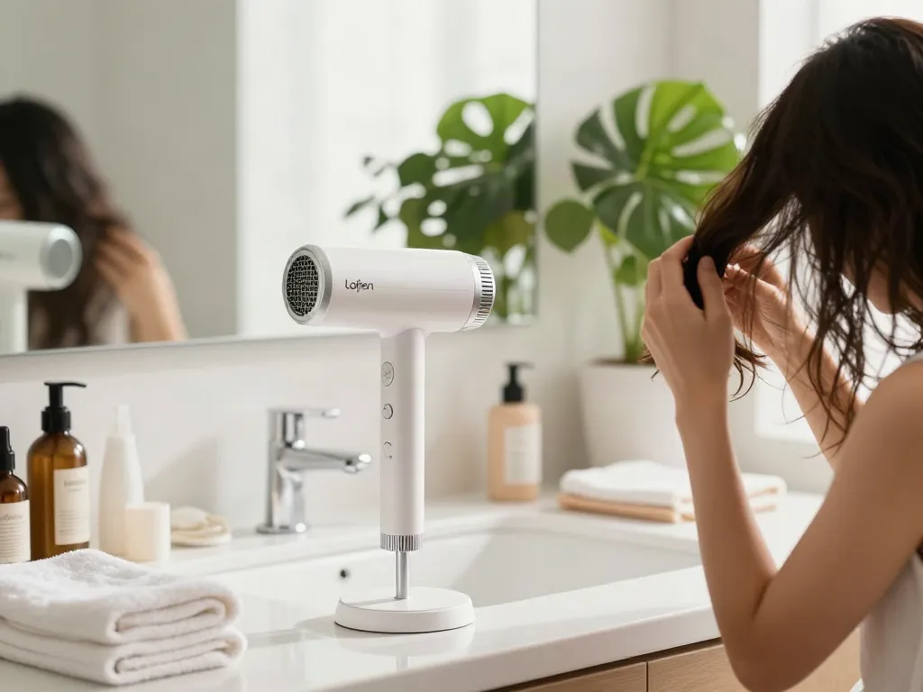 Moderne Badumgebung mit Haartrockner mit Ionen, fröhlicher Nutzer und Haarpflegeprodukten.
